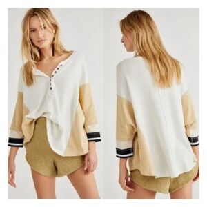 We The Free by Free People Colorblock Henley Thermal Top Tan Cream Medium